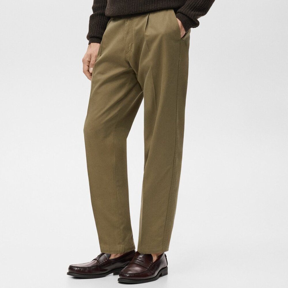 Mango Olive Green Cotton and Lyocell Straight Leg Pleated Pants in Size 32